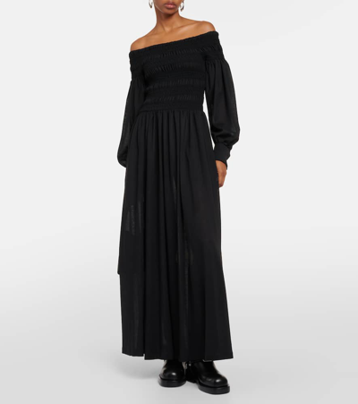 Shop Max Mara Manu Off-shoulder Virgin Wool Maxi Dress In Black