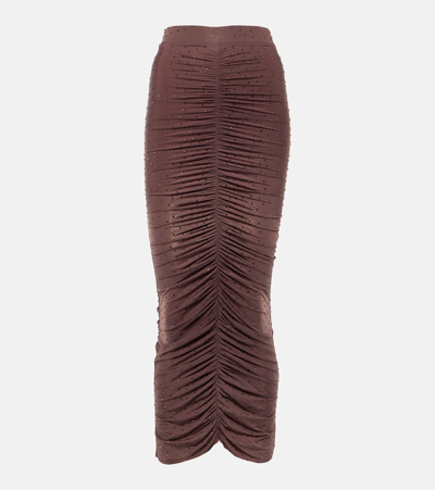 Shop Alex Perry Crystal-embellished Ruched Jersey Midi Skirt In Purple