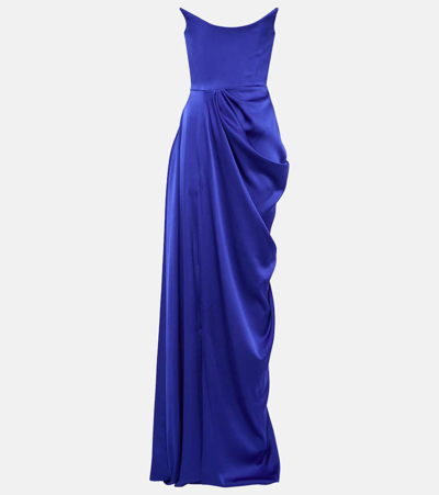 Shop Alex Perry Strapless Draped Satin Gown In Ultramarine