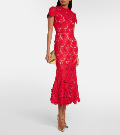 Shop Self-portrait Floral Lace Midi Dress In Red
