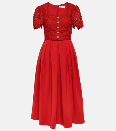Shop Self-portrait Lace Crêpe Midi Dress In Red
