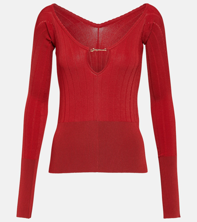 Shop Jacquemus Le Haut Pralu Off-shoulder Sweater In Red