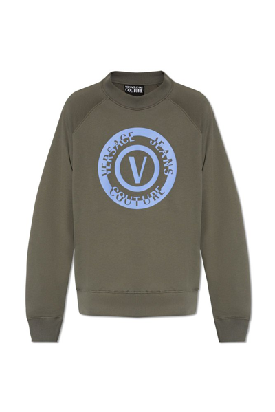 Shop Versace Jeans Couture Logo Printed Oversized Sweatshirt In Green