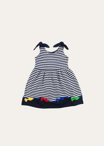 Shop Florence Eiseman Girl's Striped Knit Dress With Fish In Navy/white
