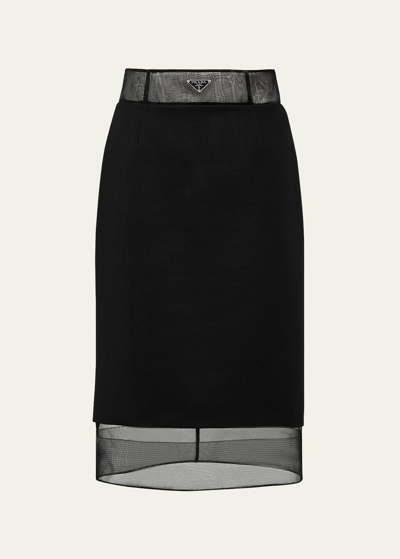 Shop Prada Wool Pencil Midi Skirt With Crinoline In F0002 Nero
