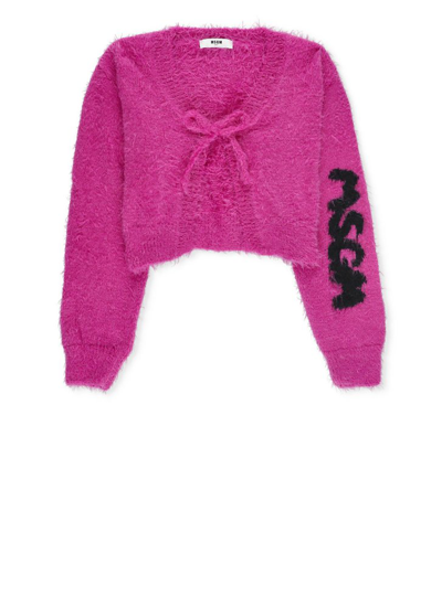 Shop Msgm Kids Logo Intarsia Knit Textured Cardigan In Pink