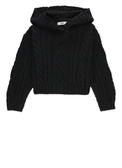 Shop Msgm Kids Cable Knit Hooded Jumper In Black