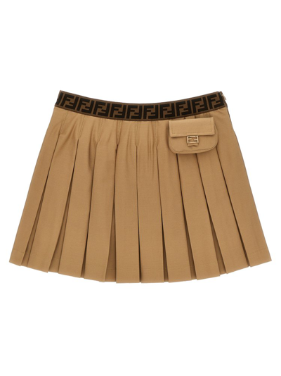 Shop Fendi Kids Logo Waistband Pleated Skirt In Beige