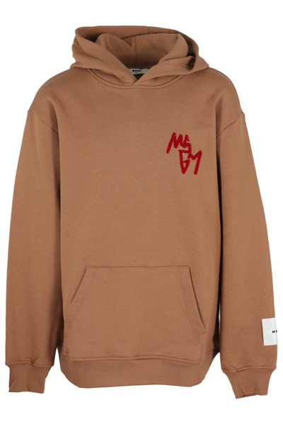 Shop Msgm Kids Long Sleeved Logo Embroidered Hoodie In Beige