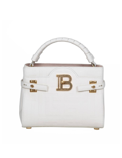 Shop Balmain Monogram Grained Leather Handbag In White