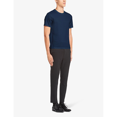 Shop Prada Mens Blue Logo-embroidered Slim-fit Stretch-cotton T-shirt