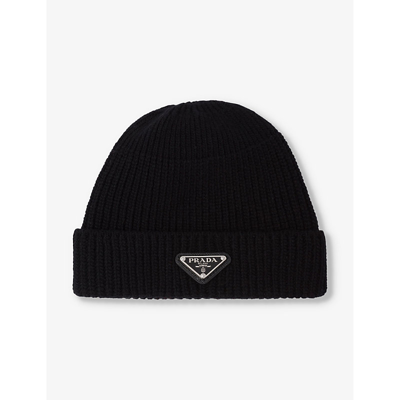 Shop Prada Mens Black Brand-plaque Cashmere And Wool-blend Beanie Hat