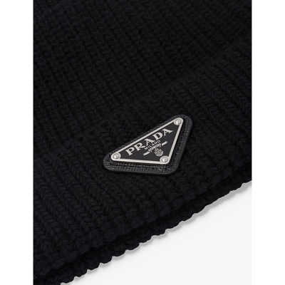 Shop Prada Mens Black Brand-plaque Cashmere And Wool-blend Beanie Hat