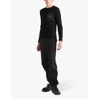 Prada Mens Black Brand-plaque Patch-pocket Wool Jumper In Black