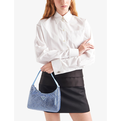 Shop Prada Crystal-embellished Satin Shoulder Bag In Light Blue