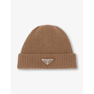 Shop Prada Mens Brown Brand-plaque Cashmere And Wool-blend Beanie Hat