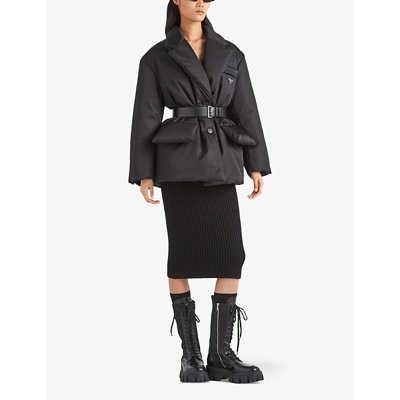 Shop Prada Re-nylon Belted Recycled Nylon-down Jacket In Black