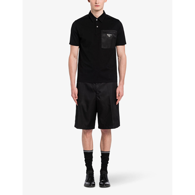 Shop Prada Mens Black Brand-plaque Nylon-pocket Stretch-cotton Polo Shirt
