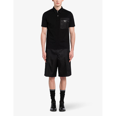 Prada Cotton Bi-material Polo Shirt In Black