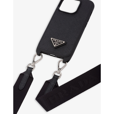 Shop Prada Womens Black Brand-plaque Saffiano Leather Iphone 14 Case