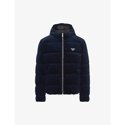 Shop Prada Logo-plaque Corduroy Cotton-down Hooded Jacket In Blue