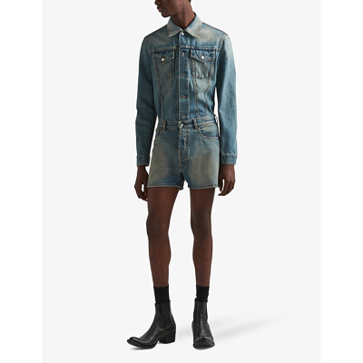 Shop Prada Mens Blue Brand-plaque Faded-wash Denim Jacket