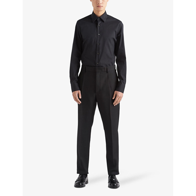Shop Prada Pearl-embellished Slim-fit Cotton-blend Shirt In Black