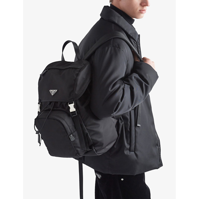 Shop Prada Womens Black Re-nylon Brand-plaque Recycled-polyamide And Saffiano Leather Backpack