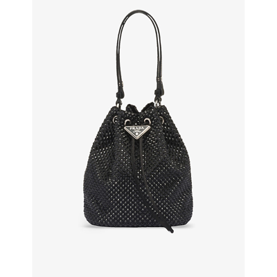 Shop Prada Crystal-embellished Mini Satin Shoulder Bag In Black