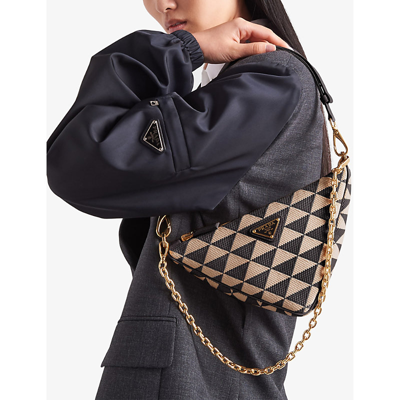 Shop Prada Triangle Mini Jacquard Bag In Black