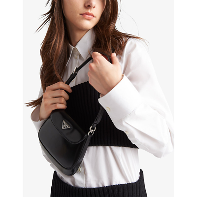 Shop Prada Black Cleo Brushed Mini Leather Shoulder Bag