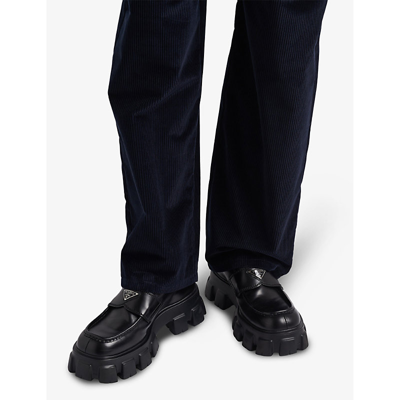 Prada Monolith Patent Leather Flatform Loafers In Black