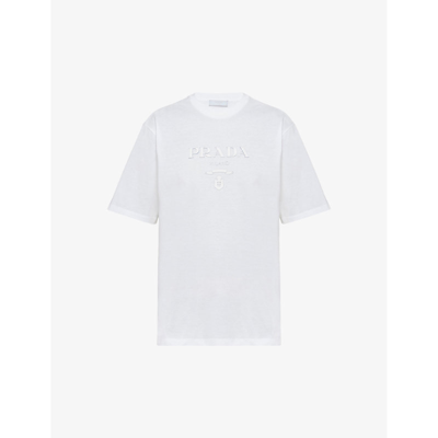 Shop Prada Brand-embroidered Boxy-fit Cotton T-shirt In White