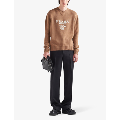 Shop Prada Brand-embroidered Crewneck Wool And Cashmere-blend Jumper In Brown