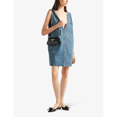 Shop Prada V-neck Low-back Denim-chambray Mini Dress In Blue