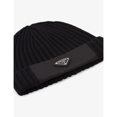 Shop Prada Mens Black Re-nylon Wool And Recycled Polyamide-blend Beanie Hat