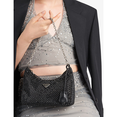 Shop Prada Re-edition 2005 Crystal-embellished Satin Shoulder Bag In Black