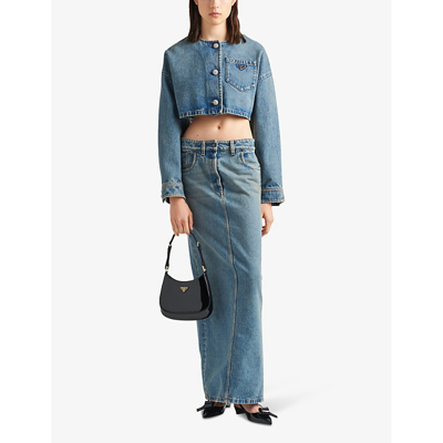 Shop Prada Womens Blue Blouson Brand-plaque Oversized-fit Denim Jacket