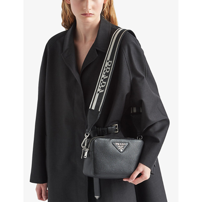 Shop Prada Logo-plaque Medium Grained-leather Shoulder Bag In Black