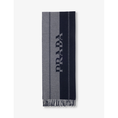 Prada Mens Grey Small Logo-jacquard Wool Scarf In Grey