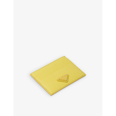 Shop Prada Logo-plaque Saffiano Leather Card Holder In Yellow