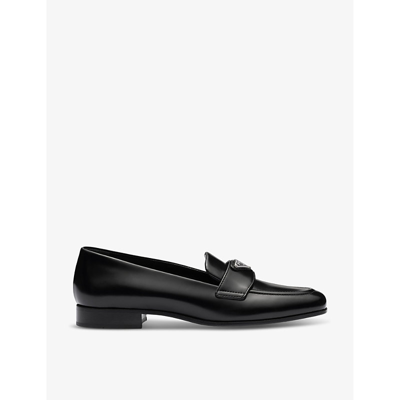 Shop Prada Womens Black Brand-plaque Brushed Leather Loafers