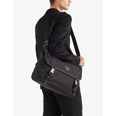 Prada Triangle Logo Re-nylon And Saffiano Leather Shoulder Bag In Black