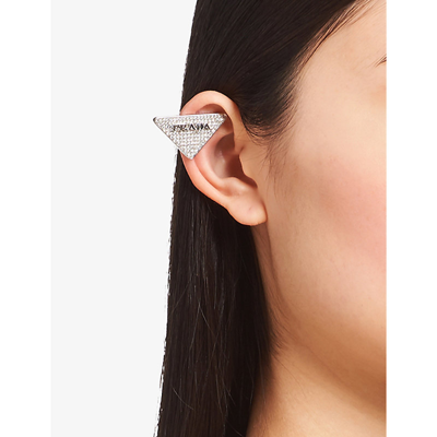 Shop Prada Left Logo-embellished Sterling Silver And Crystal Single Stud Earring