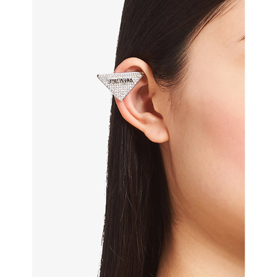 Prada Womens Crystal Left Logo-embellished Sterling Silver And Crystal Single Stud Earring In Crystal
