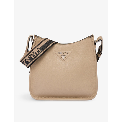 Shop Prada Womens Neutral Grained Leather Hobo Bag