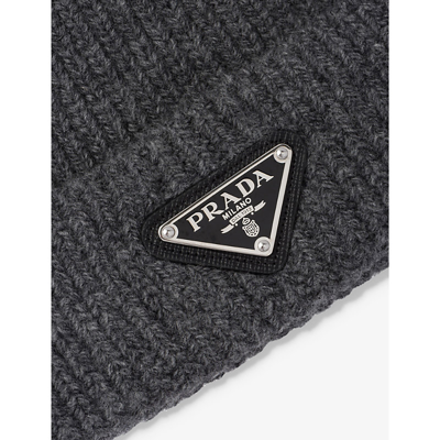 Shop Prada Mens Grey Brand-plaque Cashmere And Wool-blend Beanie Hat