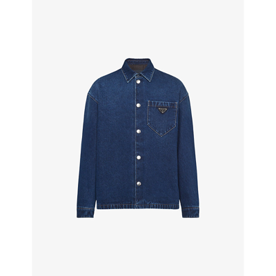 Shop Prada Mens Blue Logo-plaque Padded Boxy-fit Denim Shirt
