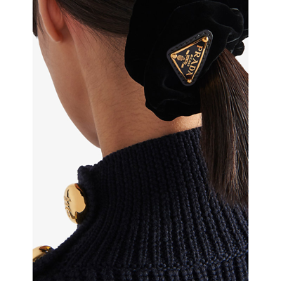 Prada Triangle Logo Enamel Scrunchie In Black