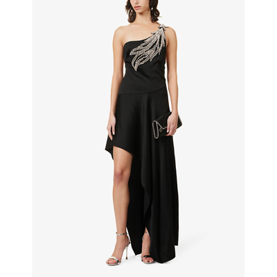 Shop Stella Mccartney Women's Black Crystal Strass Star Asymmetric Stretch-woven Maxi Dress